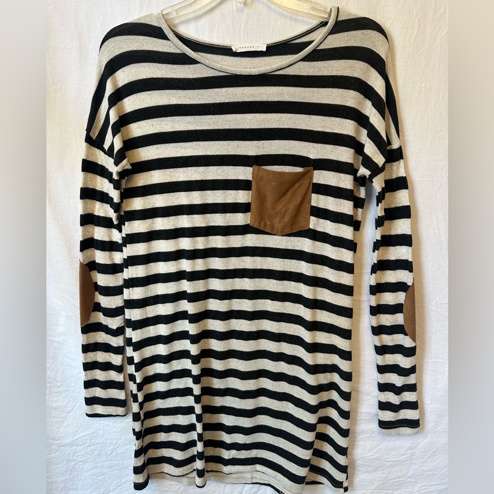 Reborn J Striped Knit Tunic Top w/ Faux Leather Pocket & Elbow Patches Sz Small